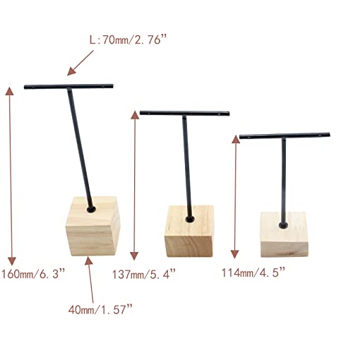 3pcs Black Metal T-Bar Wood Jewlery Display Stand with Square Wooden Base Earring Jewelry Hanging Holder
