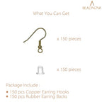 BEADNOVA Fish Hook Earring Hooks 150pcs Earring Findings with Backs for Ear Wire Supplies Ear Post Making DIY (150pcs Copper Earwires and 150 pcs Backs, Total 300pcs) - color: Copper, size: 150pcs
