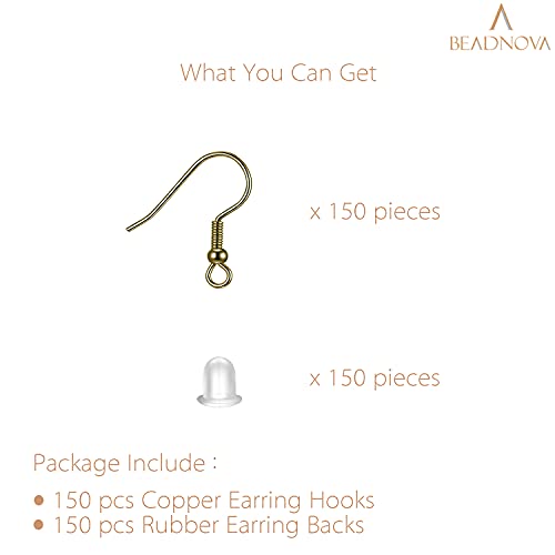 BEADNOVA Fish Hook Earring Hooks 150pcs Earring Findings with Backs for Ear Wire Supplies Ear Post Making DIY (150pcs Copper Earwires and 150 pcs Backs, Total 300pcs) - color: Copper, size: 150pcs
