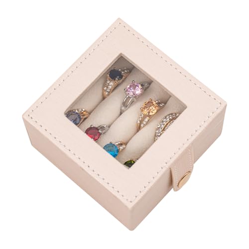 Small Leather Jewelry Box with Glass Top Mini Ring Display Case with 8 Slots for Selling Gift for Girls and Women (Pearl White) - color: PearlWhite