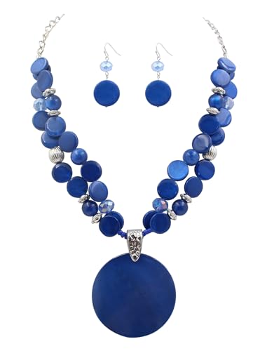 Layered Beads Statement Fashion Necklace Chunky Jewelry Set Big Colorful Glass Stone Circle Shell Pendant Choker Necklace and Earring Set for Women - color: blue