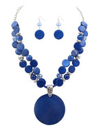 Layered Beads Statement Fashion Necklace Chunky Jewelry Set Big Colorful Glass Stone Circle Shell Pendant Choker Necklace and Earring Set for Women - color: blue