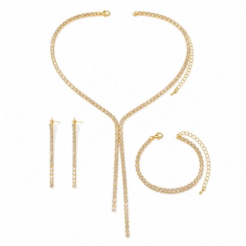 Gold-Tone Bridal Wedding Jewelry Necklace Earrings Bracelet Set Rhinestone Accessories for Brides Women Formal Prom Party Banquet Gifts