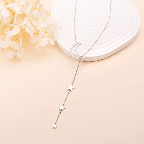 Long Necklace Sterling Silver Larait Bar Y Lariat Long Chain Drop Adjustable Necklace Gift for Her, 30" - style: Long Moon Star Necklace