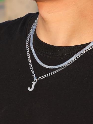 P. BLAKE Layered Initial A-Z Pendant Necklaces for Boys Men, Stainless Steel Letter Cuban Link Herringbone Chain Fashion Jewelry Gifts - color: Silver, size: Letter J