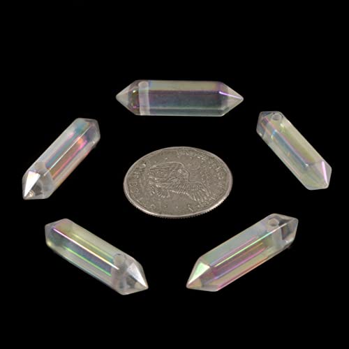Aqua Aura Clear Quartz 32mm Natural Gemstone Hexagonal Wand Jewelry Making Crystal Pointed Chakra Reiki Healing Beads 2mm Hole Drilled(Pack of 10) - color: Aqua Aura Clear Quartz