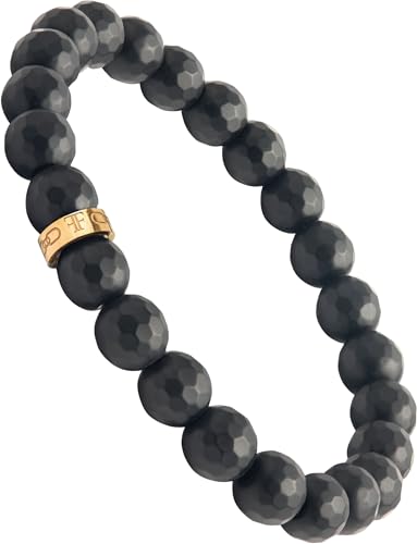 Forge & Foundry Faceted Matte Black Onyx Stone Beaded Bracelet | Custom Signature Stainless Steel Bead | ‘Pindar’ | 8mm and 10mm Bead Desgins | Refined Hand-Crafted Jewelry - color: 8mm Gold, size: Large