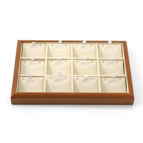 12 Grids Solid Wood Necklace Jewelry Tray Microfiber Bracelet Chain Pendant Drawer Holder With Removable Jewellery Cards for Storage Display (Cream White) - style: 12 Grid with Insert