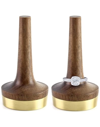 QWORK Wooden Ring Holder for Jewelry, 2 Pack Black Walnut Wood with Brass Stand Modern Display, Gift For Wedding & Anniversary - size: 2 Pcs