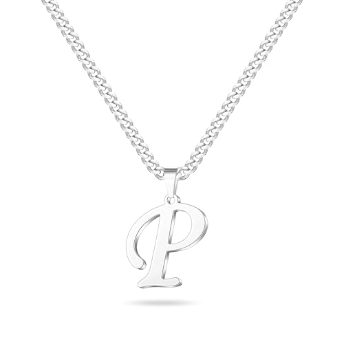LUXEJEW Initial A-Z Letter Necklace for Men Boys Women, Stainless Steel Cuban Link Chain Letter Pendant Necklaces Capital Monogram Necklace Jewelry Gifts for Men 20+2 Inches - color: Silver, size: Letter P