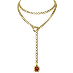 Heart Slip Chain Necklace for Women, 39 Inch Cuban Chain, Removable Heart O-Ring, Crystal Pendant, Adjustable Stainless Steel Y-Necklace - color: Gold-Red