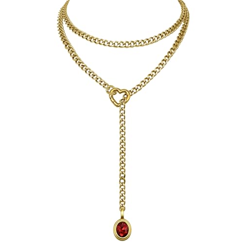 Heart Slip Chain Necklace for Women, 39 Inch Cuban Chain, Removable Heart O-Ring, Crystal Pendant, Adjustable Stainless Steel Y-Necklace - color: Gold-Red