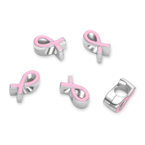 40pcs Pink Ribbon Symbol of Awareness Large Hole Enamel Loose Beads (4.5mm Hole) Antique Silver Metal Spacer for DIY Craft Jewelry Making MEC-C14 - size: Pink Ribbon