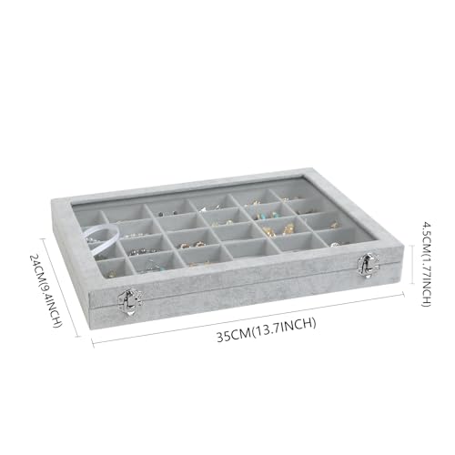 Wudygirl 30 Grid Jewelry Organizer Velvet Jewelry Box Jewelry Tray with Clear Lid Storage Case Showcase Display Stackable Removable (30 Grid) - style: 30 Grid Tray