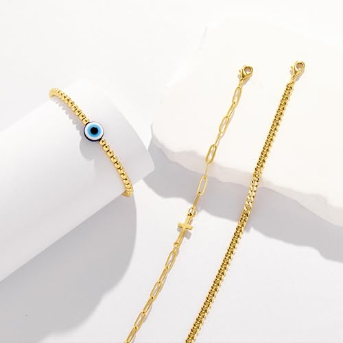 Gold Bracelets Set for Women Stack, Chunky Thick Bracelets Stack for Women Trendy, Simple Dainty Thin Gold Plated Cuff Stackable Bracelets With Beaded Cuban Paperclip Snake Rope Bangle Hand Chain Jewelry - style: Style 14-gold