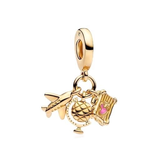 S925 Bead Dangle Charms for Bracelets Necklaces, Compatible with Pandora, Jewelry Making - style: Travel Aroud the World 3-in-1 Charm 14K Gold Plated