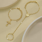 YEEZII Gold Hand Chain Bracelets for Women, 2 Pcs 14k Gold Plated Cubic Zirconia Link Chain Bracelet Set, Trendy ring bracelet hand chain Jewelry for Her - color: Gold-E