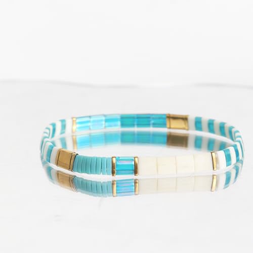 Tila Beaded Stretch Strand Bracelets for Women, Cute Boho Stackable Handmade Colorful Mixed Flat Square Beads Elastic Beach Surfer Bracelet Trendy Jewelry Friend Gift - color: 0901H