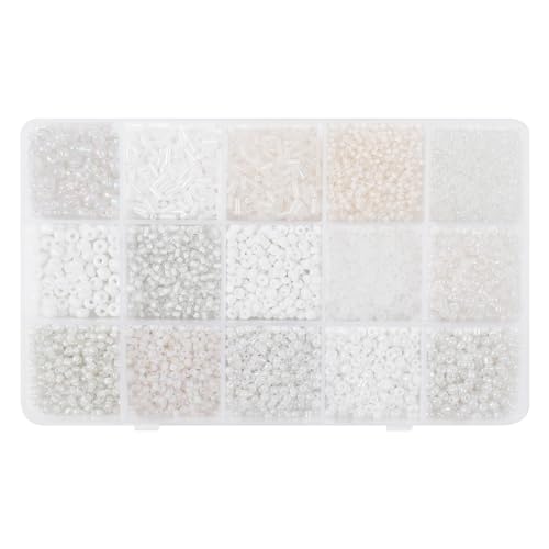 Mix 15 Color Glass Seed Tube Beads Glass Bugle Beads Loose Kit for Jewelry Making DIY Craft Beading (Mix 15 Color, White) - color: White