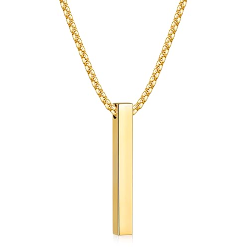 Fiusem Pendant Necklace for Men, Silver Tone/14k Gold Plated/Black Mens Pendant Necklaces with 2.5 mm Box Chain, Stainless Steel Bar Chain, 18-28 Inches - color: gold, size: 24 Inches, style: Pierced Rectangle