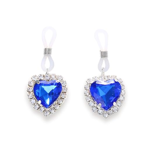 Sparkling Crystal Heart Fake Nipple Ring for Women Cubic Zirconia Hearts Dangle Non Piercing Adjustable Nipplerings Nipple Noose Non Pierced Body Jewelry - color: Blue