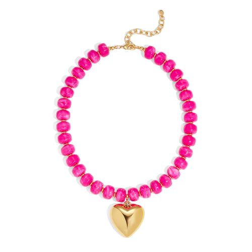 Gold Heart Pendant Necklaces for Women Colorful Acrylic Resin Beaded Choker Necklace Fashion Chunky Statement Beaded Heart Necklace - color: Rose red