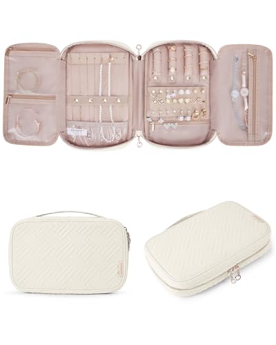 BAGSMART Travel Jewelry Case, Jewelry Organizer for Women Girls, Zipper Rings Holder Storage Pouch for Rolls Necklaces,Stud Earrings,Bracelets, Beige - color: Beige, size: Medium