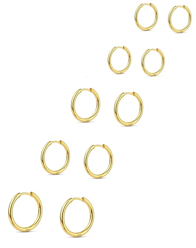 5 Pairs Small Huggie Hoop Earrings for Women, Stainless Steel Lightweight Hypoallergenic Silver/Gold Earrings for Sensitive Ears, Stackable Cartilage Hoop, Minimalist Everyday Jewelry (6/8/10/12/14mm) - color: 5 Pairs Gold - 6/6/8/8/10mm