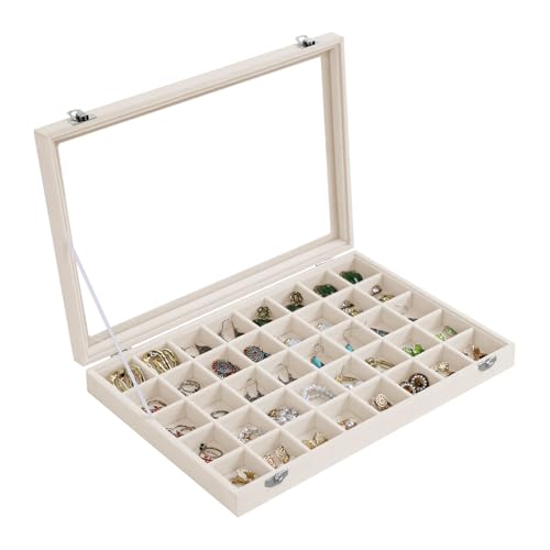 Stratalife Jewelry Organizer 40 Grid Jewelry Trays with Dust-proof Lid Velvet Earring Organizer Ring Holder Accessories Box Necklaces Earrings Storage for Women Drawers Cream - color: Beige, size: 40 Grid