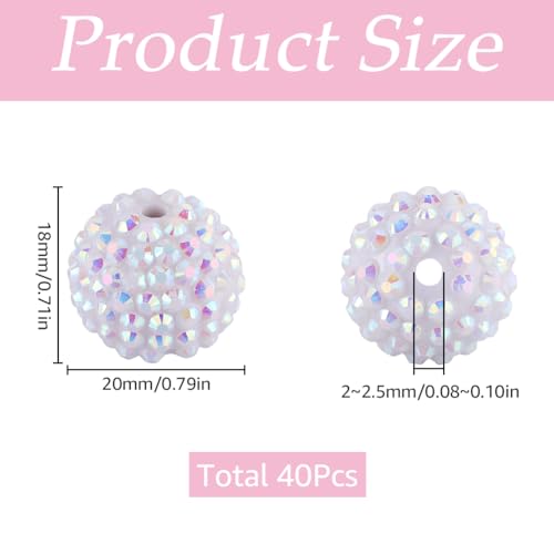 SUNNYCLUE 40Pcs Chunky Resin Rhinestone Beads 20mm White Rhinestone Round Disco Ball Bulk Chunky Bubblegum Spacer Beads for Jewelry Making Bracelet Necklace Pen Craft Supplies - color: 40pcs 20mm White Rhinestone Beads