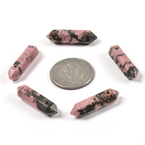 Matrix Rhodonite 32mm Natural Gemstone Hexagonal Wand Jewelry Making Crystal Pointed Chakra Reiki Healing Beads 2mm Hole Drilled(Pack of 10) - color: Matrix Rhodonite
