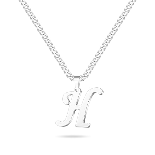 LUXEJEW Initial A-Z Letter Necklace for Men Boys Women, Stainless Steel Cuban Link Chain Letter Pendant Necklaces Capital Monogram Necklace Jewelry Gifts for Men 20+2 Inches - color: Silver, size: Letter H