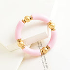 LALAPPLE Gold Plated Beaded Acrylic Bamboo Tube Bangle Bracelets for Women, Colorful Chunky Curved Tube With Gold Plated Pieces Beads Stretch Bracelet Friendship Summer Beach Jewelry - color: L-Pink
