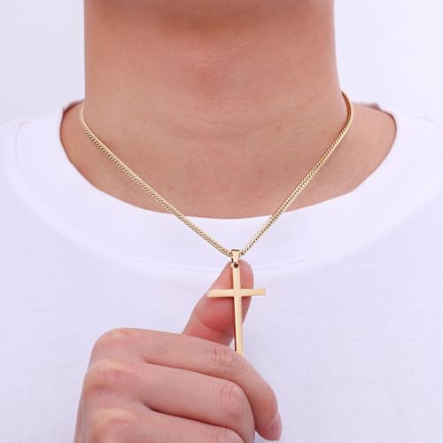 Fiusem Easter Basket Stuffers Cross Necklace for Men and Women, 14K Gold Plated Mens Cross Necklaces with 3.5mm Cuban Chain, Stainless Steel Pendant Chain 16-24 Inches - size: 20 Inches, style: Medium gold cross:1.8"*1.05"