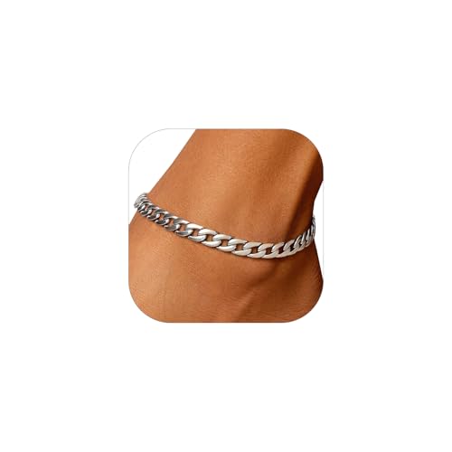 U7 Women Girls Barefoot Jewelry 18K Gold or Rose Gold Stainless Steel Heart/Rope/Figaro/Cuban Chain Anklet Foot Bracelet, 25-30 CM Long - color: Platinum Plated-5mm-Cuban Chain