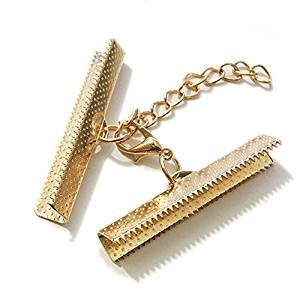 10 Set Ribbon Clamp Crimp Ends Beads Flat Cover with Lobster Claw Swivel Clasps Extension Chain Jump Rings Cords End Caps String Leather Clip Necklace Bracelet Connectors (KC Gold Crimp 40mm) - color: KC Gold Crimp 40mm