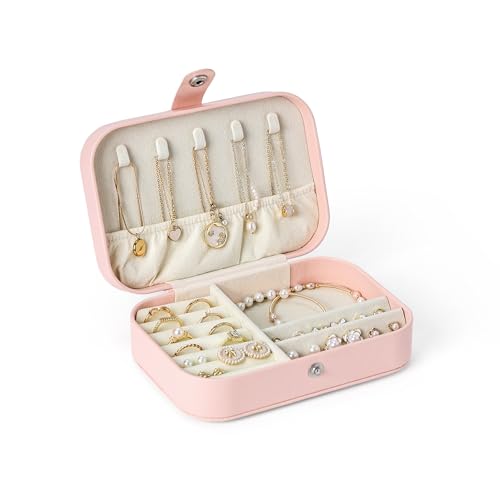 CASEGRACE Jewelry Box For Women Portable Travel Jewelry Case for Necklace Earring Rings Jewelry Holder Case Gift Box Girls - color: Pink-S, size: Leather