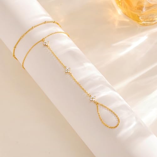CHESKY 14K Gold Plated Hand Chain Bracelets for Women Set - Dainty Finger Ring Bracelet Stack Adjustable Hand Chains Durable Beaded Bracelets Trendy Simple Body Jewelry Gift for Women - style: 2clover bracelet-gd