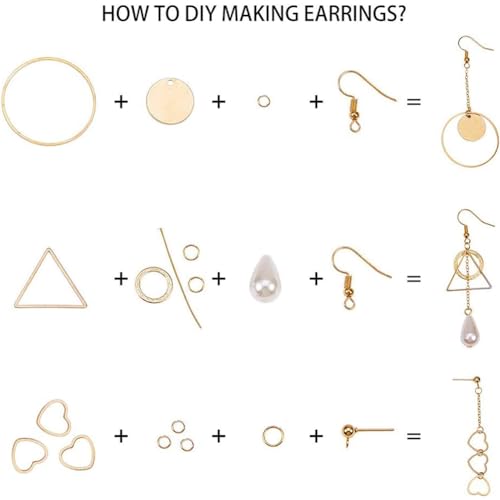 SUNNYCLUE 1 Box DIY 10 Pairs Geometric Hollow Earring Making Starter Kit Classic Round Square Heart Triangle Charm Connector, Earring Stud Hooks Jewelry Making Supplies Craft, Golden, Instruction - color: Diy 10 Pairs Earrings-style 1