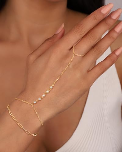 CHESKY 14K Gold Plated Hand Chain Bracelets for Women Set - Dainty Finger Ring Bracelet Stack Adjustable Hand Chains Durable Beaded Bracelets Trendy Simple Body Jewelry Gift for Women - style: cz+clip