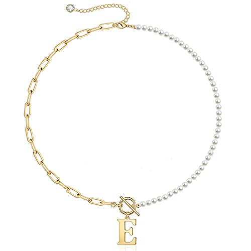 Yoosteel Pearl Initial Necklace for Women, Dainty Pearl Chain Choker Initial Necklaces for Women Toggle Clasp Paperclip Link Chain Necklace Jewelry Gifts - color: Gold, style: E