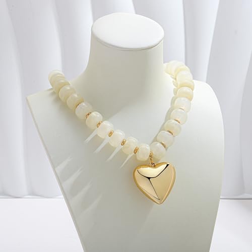 Gold Heart Pendant Necklaces for Women Colorful Acrylic Resin Beaded Choker Necklace Fashion Chunky Statement Beaded Heart Necklace - color: White