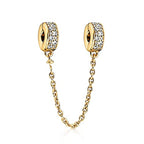 S925 Bead Dangle Charms for Bracelets Necklaces, Compatible with Pandora - style: Sparkling Pavé CZ Safety Chain 14K Gold Plated