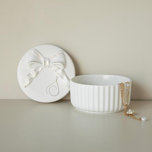 COLLECTIVE HOME Monogram Initial Jewelry Box with Bow - Elegant Ring Holder & Earring Dish | Christmas Gift Idea for Women, Unique Birthday Present for Her (S) - color: S