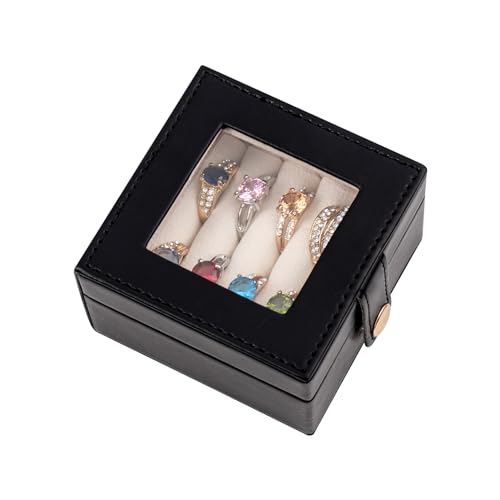 Small Leather Jewelry Box with Glass Top Mini Ring Display Case with 4 Slots for Selling Gift for Girls and Women (Black) - color: Black