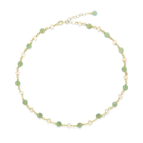 14K Gold Plated Natural Jade & Pearls Necklaces for Women, Natural Freshwater Pearls Jade Pendant Lucky Green Jewelry Chain for Women Lover (14K Gold Plated)