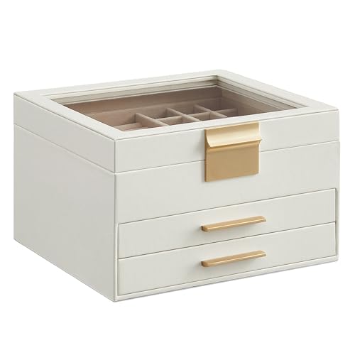 SONGMICS GISELLA Collection - Jewelry Box Organizer, 3-Layer Jewelry Storage with 2 Drawers, Shiny Metal Hardware, Glass Lid, Modern, 8 x 9.1 x 5.3 Inches, Cloud White and Gold Color UJBC239WT - color: Cloud White + Gold, size: 3 Layer (8"d X 9.1"w)