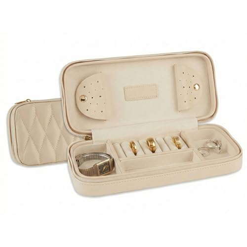 Bey-Berk Diamond-Quilted Leather Travel Jewelry Case, Cream, 9" x 4" x 1.75" - color: Cream