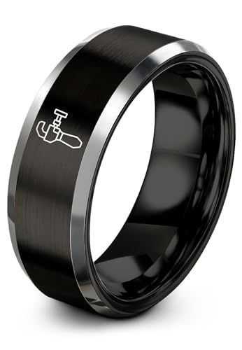 Chain Tool Ring - Gift for Cyclist - 8mm - Band - Gunmetal Black Silver - Personalized Custom Engraving - Men Women - Anniversary Engagement Wedding - Tungsten Carbide - Flat Dome Bevel - color: 11 - Black Grey Tungsten