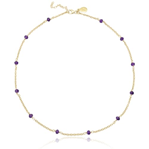 Dainty Gold Necklace for Women,Trendy 18k Gold Vermeil Sterling Silver Choker Necklace Thin Beaded Choker Necklaces Womens Simple Jewelry Gift for Valentines Day - color: February - Amethyst